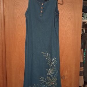 Teal Sleeveless Maxi Dress with Floral Design